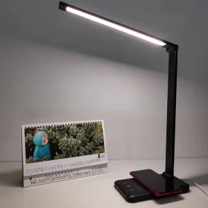 Modern LED Desk Lamp with Simple Wireless Charging Sliding Color Temperature and Timing Function White Shade for Reading Room