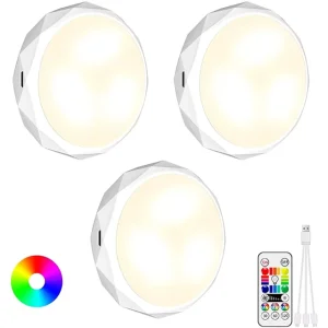Modern LED Puck Lights Remote 16 Colors Changing Cabinet Lights Dimmable Battery Operated Wall Mounted Closet Lights Wireless