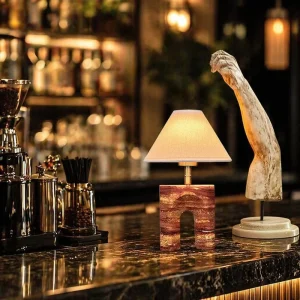 Modern LED Rechargeable Table Lamp for Restaurant Study Living Room Bedroom Hotel Lighting Marble Main Body Fabric Lampshade