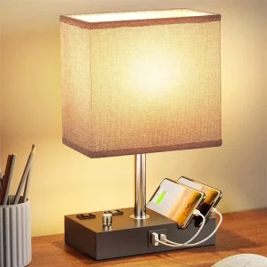 Modern LED Table Lamp USB Type c Ins Warm Cozy Knob Switch 2 Power Outlets Eye Protection Iron Body for Bedroom Headboard Desk