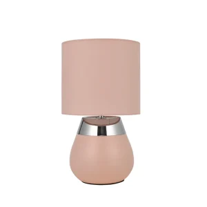 Modern LED Table Lamp with Touch On Off Warm White Pink Fabric Shade and Polished Iron Base Simple Electric Nightstand Fixture