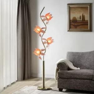 Modern Lotus LED Floor Lamp E26 Base Pink Shade Iron Glass Flower Design for Living Bedroom