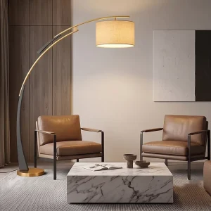 Modern Luxury Arc Floor Lamp Black Gold Linen Drum Shade Tall Curved Standing Lamp for Living Room Home Decor