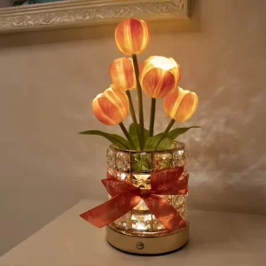 Modern Luxury Crystal Table Lamp with Artificial Tulip Battery Powered for Wedding Decorative Atmosphere LED Table Lamp