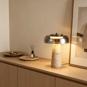 Modern Luxury Hotel Stone Desk Table Light Bedroom Glass Lampshade Travertine LED Table Lamp for Bedside