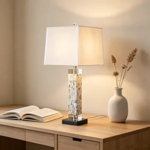 Modern Luxury Shell Marble Table Lamp Nordic White Fabric Shade Desk Light for Bedroom Living Room Hotel Bedside Lighting