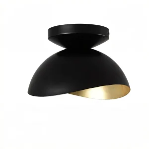 Modern Matte Black Flush Mount Ceiling Light with Hand applied Gold Leaf Interior Industrial Dome Lamp for Bedroom Hallway