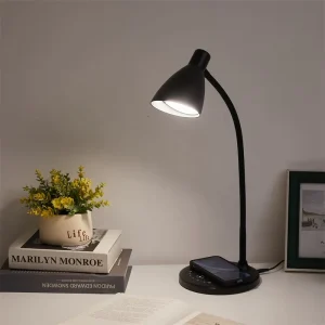 Modern Metal Desk Lamp with USB Charging Port and 12W Wireless Charger Adjustable 5 Colors 7 Brightness Gooseneck LED