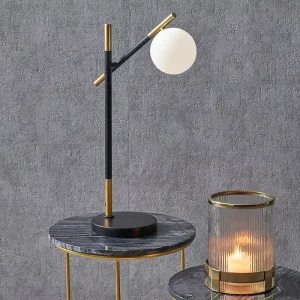 Modern Minimalist Black Gold Balance Arm Table Lamp Round Glass Shade LED Desk Lamp Luxury Decor Bedside Lamp for Hotel Villa