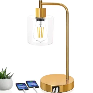 Modern Minimalist Industrial Touch Control Bedside Glass Desk Lamps 5W LED Table Lamp with 2 USB Ports AC Power Outlet for Study