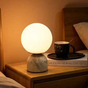 Modern Minimalist Midcentury Marble Bedside Lamp with Glass Shade, Warm White