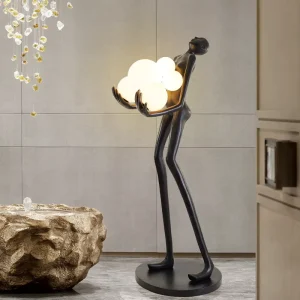 Modern Minimalist Style LED Resin Ball Holding Floor Lamp for Hotel Lobbies Living Rooms Creative Art Sculpture Warm White Light