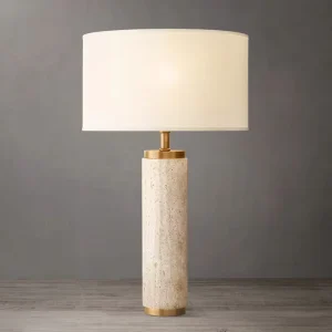 Modern Minimalist Travertine Table Lamp with Drum Linen Shade Cylinder Stone Base for Bedroom Desk B2B Lighting Supplier UL ETL