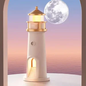 Modern Moonlight Tower Projection Desk Lamp with Remote Control Rechargeable Human Body Sensing LED Table Lamp for Bedroom