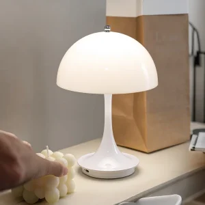 Modern Mushroom Table Lamp Curved Base White Dome Shade USB Rechargeable LED Bedside Desk Lamp for Living Room Bedroom Decor