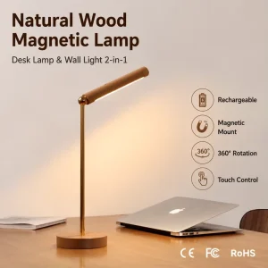 Modern Natural Wood LED Desk Lamp Rechargeable Flexible Magnetic Wall Light 360 Degree Rotating Eye friendly Bedside Reading
