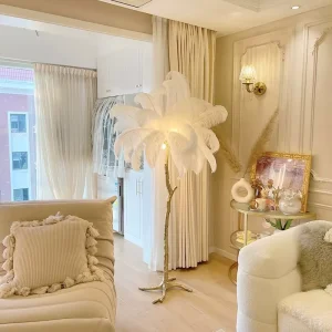 Modern Nordic Luxury Bedroom Living Room Led Standing Ostrich Feather Floor Lamp with White Shade and 3 Year Warranty