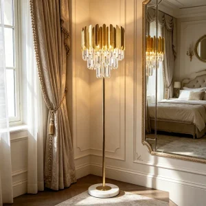 Modern Nordic Stainless Steel LED Crystal Floor Lamp Minimalist Standing Light for Luxury Living Room and Hotel Lobby Decor