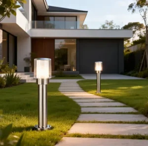 Modern Polished Stainless Steel Waterproof Porch Shape E27 15w Outdoor Lawn Garden Standing Light