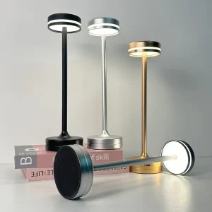 Modern Portable Rechargeable Table Lamp Metal Cordless 3 Color Stepless Dimming Battery Operated with Touch for Hotel Restaurant