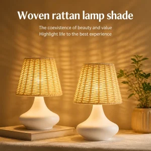 Modern Rattan Table Lamp LED Dimmable 7W Remote Control Iron Base Woven Shade AC 110 240V for Bedside Bedroom Home Decor