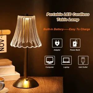 Modern Rechargeable LED Table Lamp with Crystal Acrylic Shade Touch Control 3 Color Dimmable Metal Bedside Lamp