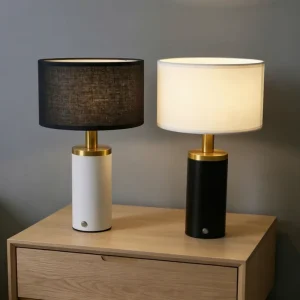 Modern Rechargeable Round Table Lamp with Fabric Shade Touch Control Cordless Dimmable Battery Operated for Bedroom Hotel Indoor