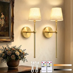 Modern Rechargeable Wall Light with Fabric Shape Gold Dimmable Cordless 5200mAh Battery Operated for Living Room Bedroom Indoor