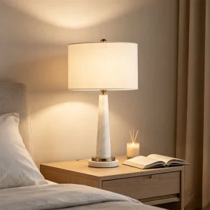 Modern Refined Iron Marble Fabric Table Lamp Set Decorative Desk Lamp for Home Bedroom Living Room Office Nightstand Eye Caring