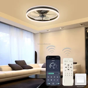 Modern Remote-Control LED Ceiling Fan Light, Low-Profile Flush Mount, 3-Color LED, 6 Wind Speeds