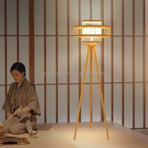Modern Retro Asian Natural Bamboo Tripod Floor Lamp 9W E27 with Wood Shade Dimmable 3500K Warm White Adjustable Height