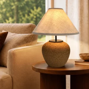 Modern Retro Ceramic Desk Lamp 16.3″ H Handmade Clay Base with Tapered Fabric Lampshade Standard E26 78.7″ Long Cord Plug in