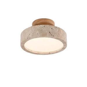 Modern Round LED Ceiling Light with Yellow Cave Stone Design, Marble and Wood Base