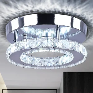 Modern Round LED Crystal Chandelier with Switch Control White Light Small Ceiling Fixture for Corridor & Kitchen