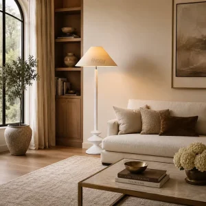 Modern Sculptural Linen Resin Floor Lamp with Tapered Shade for Bedroom Living Room Villa Decor