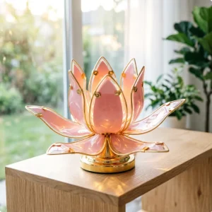 Modern Simple Flexible Pink Glass Lotus Flower Table Lamp Gold Metal Base Decorative Bedside Night Light for Home Bedroom Hotel