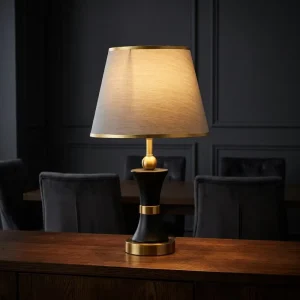 Modern Simple Iron Fabric Lamp Shade Table Lamp Golden Trim Matt Black Hourglass Body AC LED Desk Lamp for Living Room Hotel