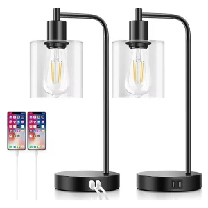 Modern Simple LED Glass Table Lamp with USB Charging Port for Bedroom Study Room