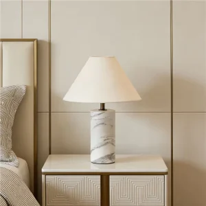 Modern Simple Marble Table Lamp with Fabric Shade Battery Powered LED Bedside Lamp