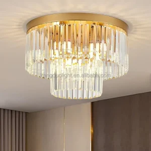 Modern Stainless Steel K9 Crystal Ceiling Lamp Multi-Layer Long Strip Flush Mount Indoor Light