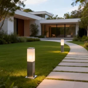 Modern Stainless Steel Waterproof Square PC Shade E27 15W Outdoor Yard Standing Lamp Garden Bollard Light for Villa