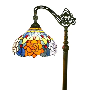 Modern Style Arched Gooseneck Floor Lamp Adjustable Iron Body Corner Reading Lamp with Stained Glass Rose Tricolor Light