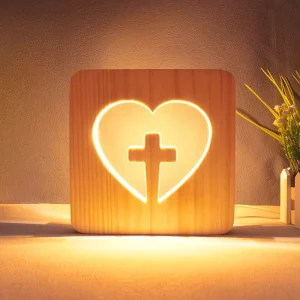 Modern Style Church Cross LED Night Light Natural Wood Jesus Carved Pattern Battery Powered Warm White Light for Home Decorate