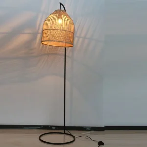 Modern Tall Rattan and Metal Floor Lamp for Living Room Bedroom Stylish Decorative Lighting Contemporary Stand Retro Bedside