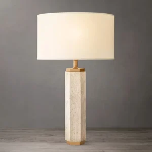 Modern Travertine Table Lamp with Linen Shade E26 for Bedroom Living Room Villa Hotel Bespoke Interior Lighting Projects UL