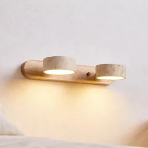 Modern Travertine Wall Lamp Double Head Natural Stone LED Wall Light with Solid Wood Base