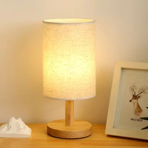 Modern USB Desk Lamp with Fabric Wood Table Iron Body Electric Night light Shade for Bedroom Office Dining Room