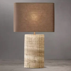 Modern Vertical Fluted Stone Table Lamp with Rectangular Fabric Shade for Bedroom Living Room Decor