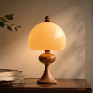 Modern Vintage Wooden Table Lamp with Dome Glass Shade for Bedroom Hotel Living Room