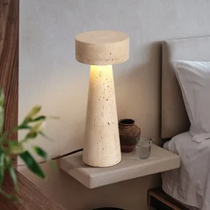 Modern Wabi Sabi Round Stone Shade Table Lamp Marble Solid Travertine Electric Dome Design for Hotel Bedside or Living Room